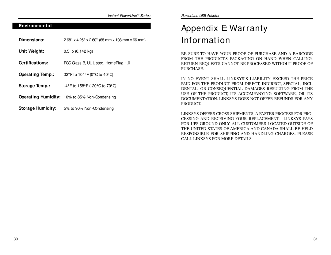 Linksys PLUSB10 manual Appendix E Warranty Information, Environmental 