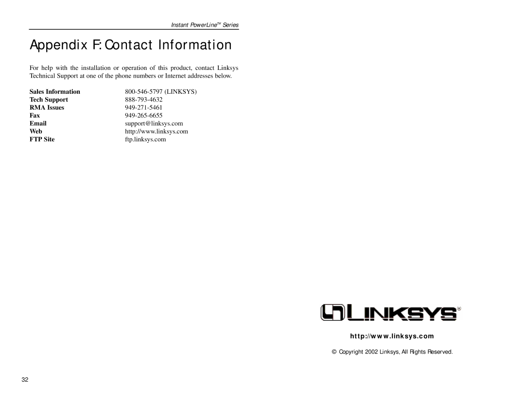 Linksys PLUSB10 manual Appendix F Contact Information 