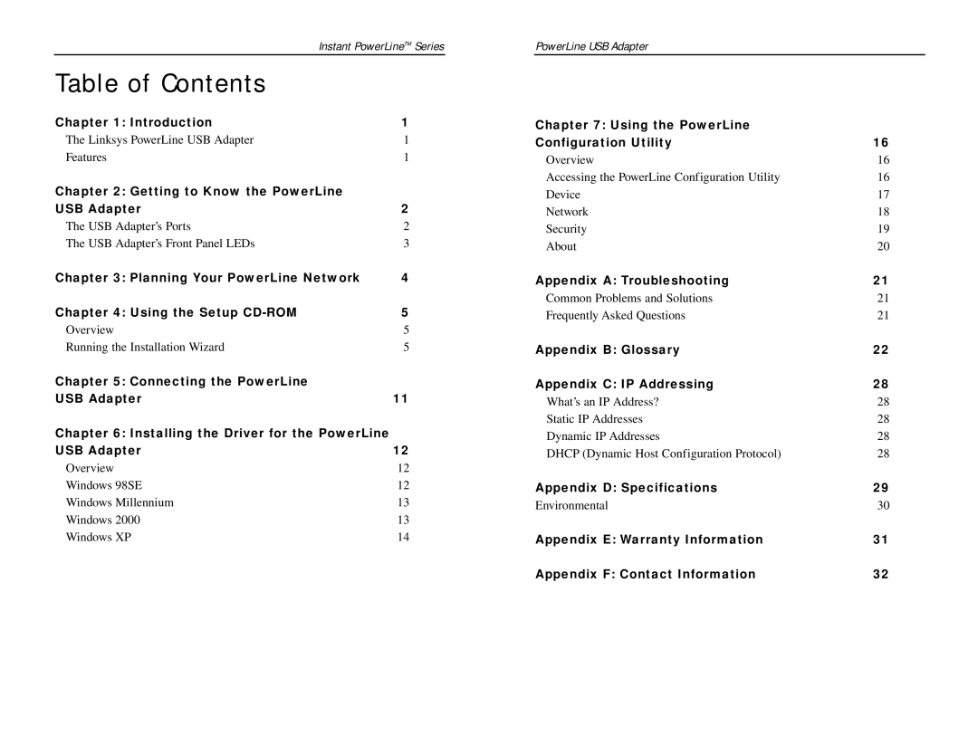 Linksys PLUSB10 manual Table of Contents 