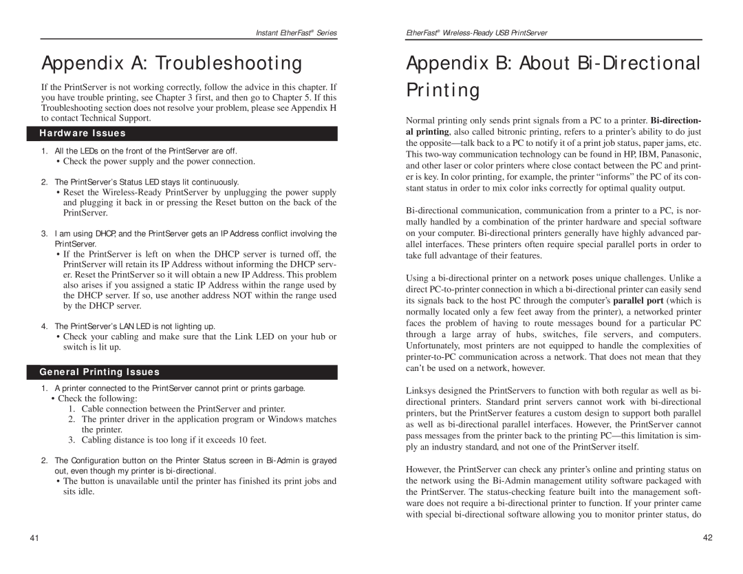 Linksys PPS1UW manual Appendix A Troubleshooting, Appendix B About Bi-Directional Printing, Hardware Issues 