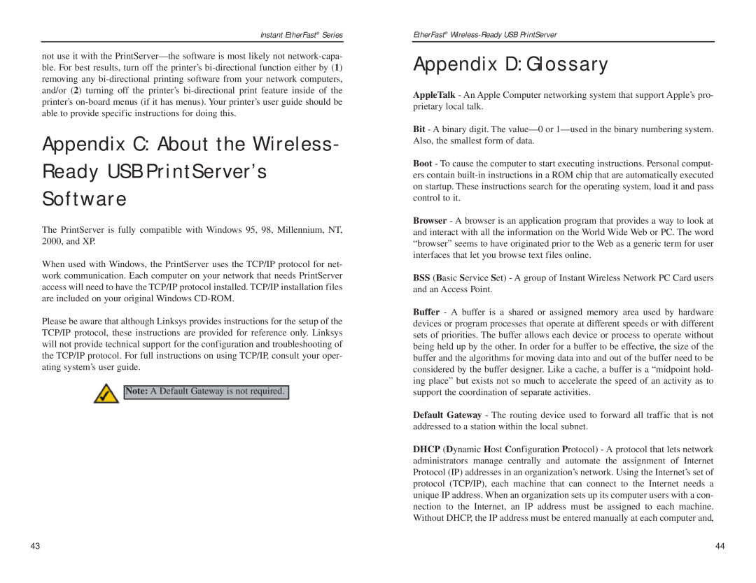 Linksys PPS1UW manual Appendix C About the Wireless Ready USB PrintServer’s Software, Appendix D Glossary 