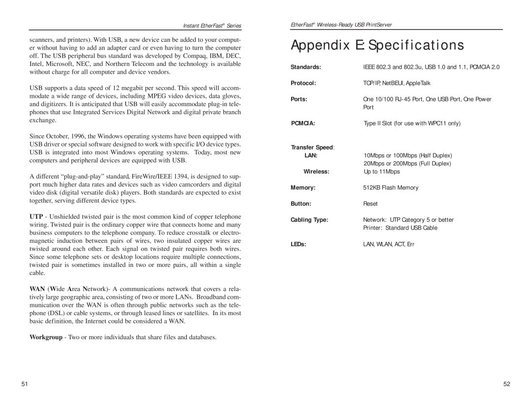 Linksys PPS1UW manual Appendix E Specifications 