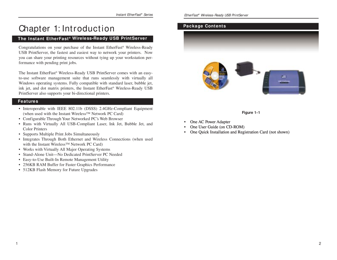 Linksys PPS1UW manual Introduction, The Instant EtherFast Wireless-Ready USB PrintServer, Features, Package Contents 