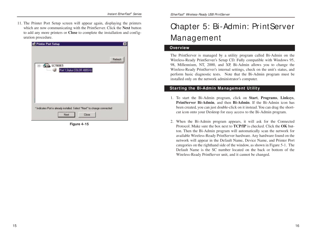 Linksys PPS1UW manual Bi-Admin PrintServer Management, Starting the Bi-Admin Management Utility 