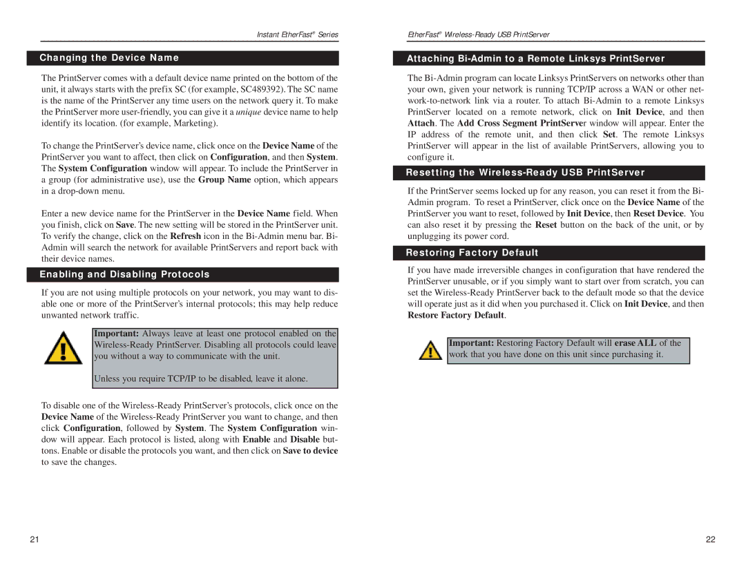 Linksys PPS1UW Changing the Device Name, Enabling and Disabling Protocols, Resetting the Wireless-Ready USB PrintServer 