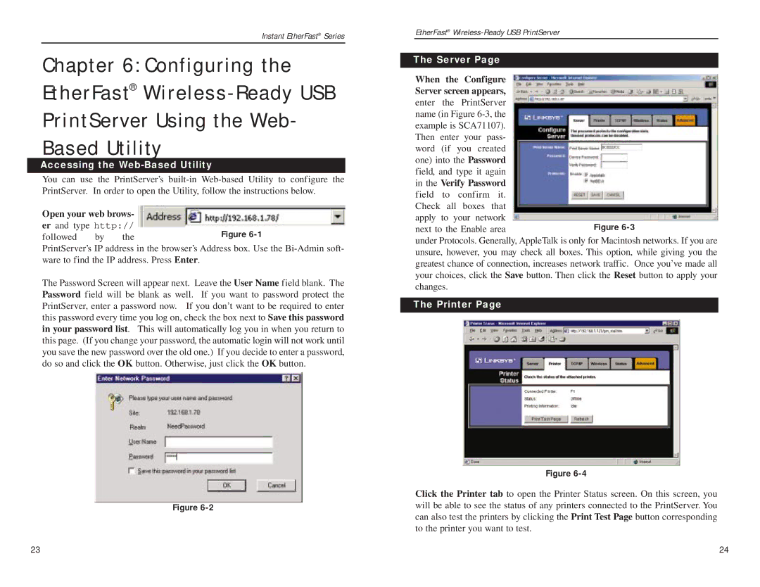 Linksys PPS1UW Accessing the Web-Based Utility, Open your web brows, When the Configure Server screen appears, Printer 