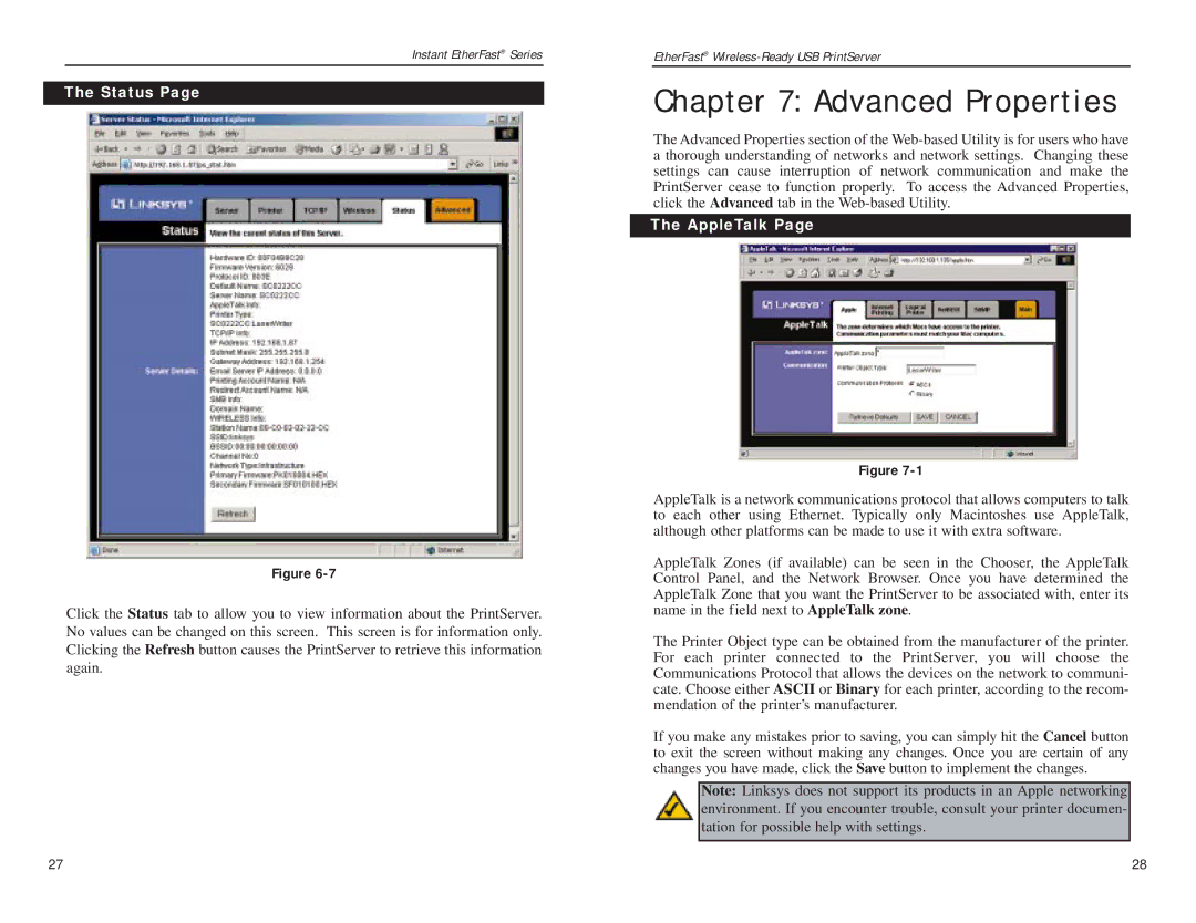 Linksys PPS1UW manual Advanced Properties, Status, AppleTalk 