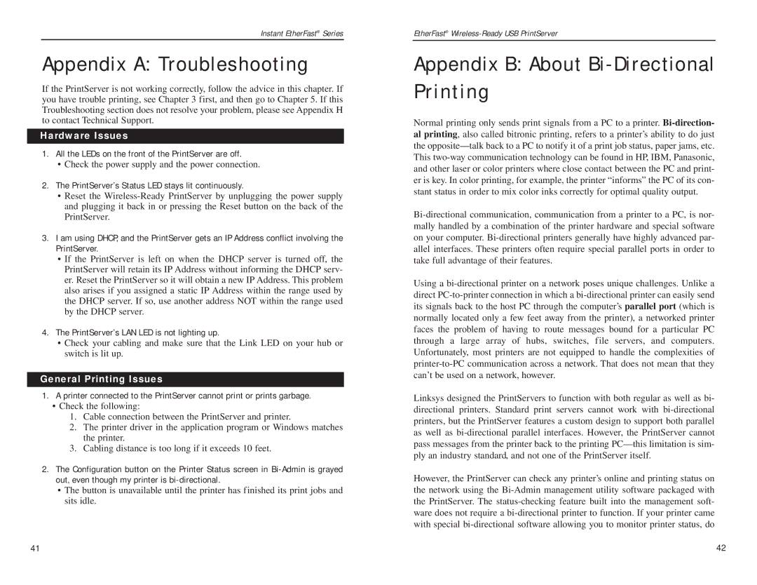 Linksys PPS1UW manual Appendix a Troubleshooting, Appendix B About Bi-Directional Printing, Hardware Issues 