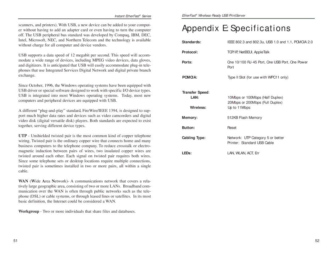 Linksys PPS1UW manual Appendix E Specifications, Lan 