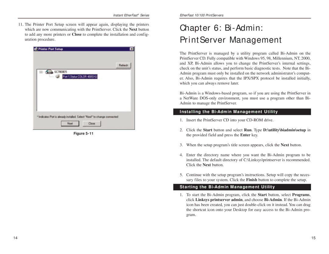 Linksys EPSX3, PPSX1 manual Installing the Bi-Admin Management Utility, Starting the Bi-Admin Management Utility 