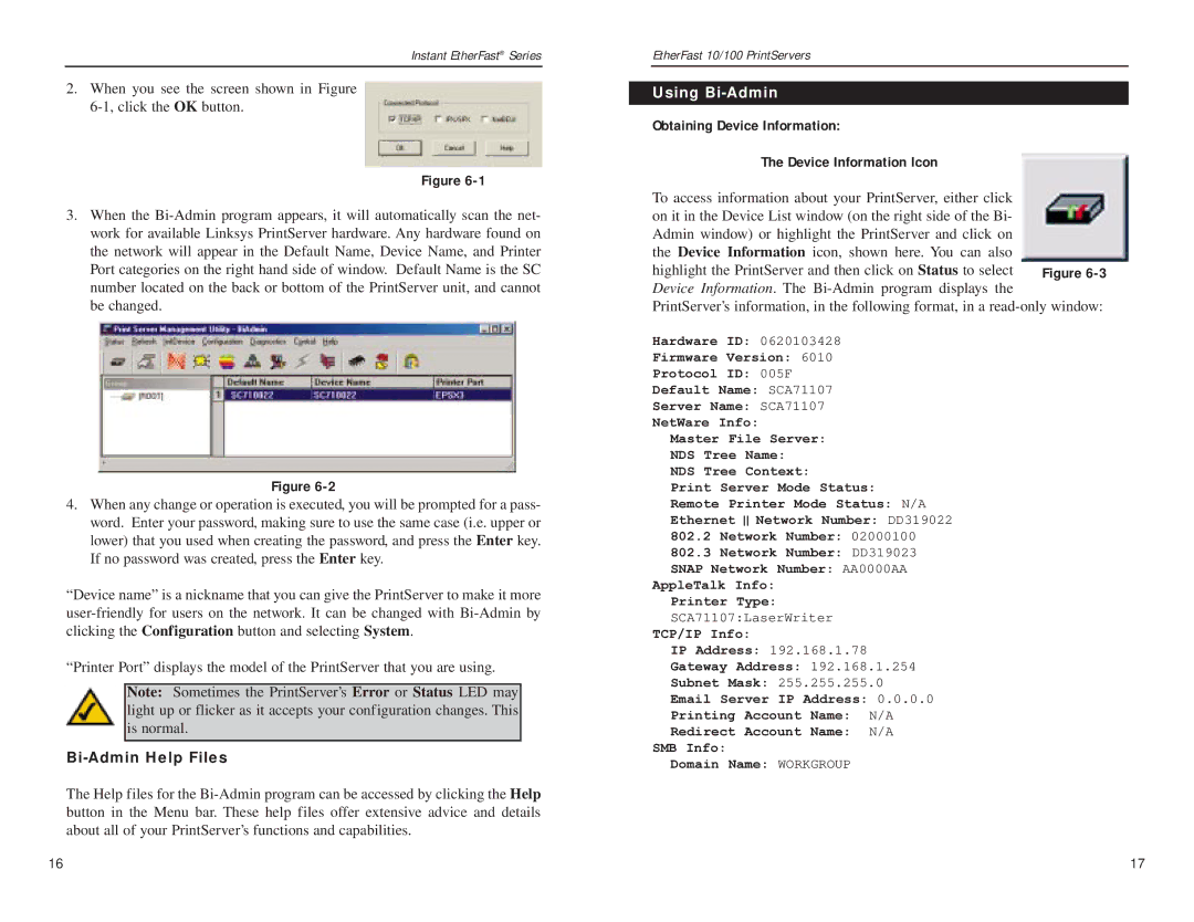 Linksys PPSX1, EPSX3 manual Using Bi-Admin, Obtaining Device Information Device Information Icon 