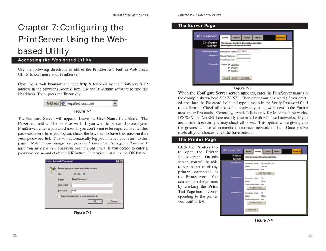 Linksys EPSX3, PPSX1 Configuring the PrintServer Using the Web- based Utility, Accessing the Web-based Utility, Printer 