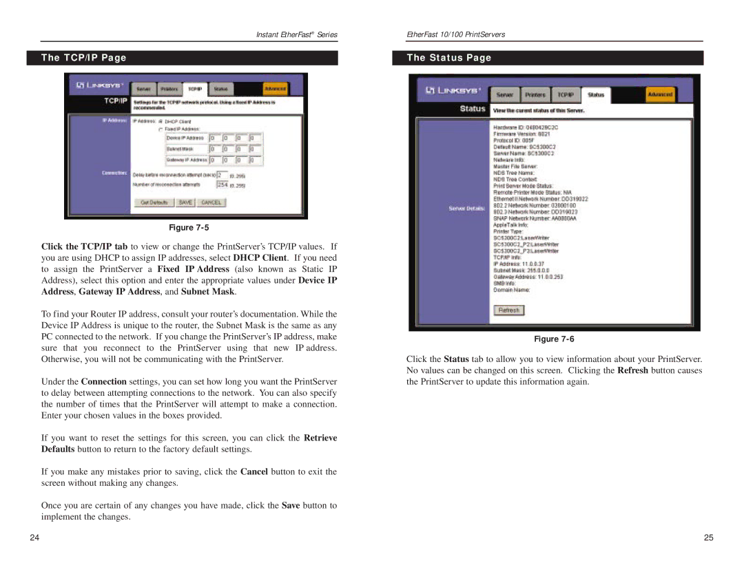 Linksys PPSX1, EPSX3 manual Tcp/Ip, Status 