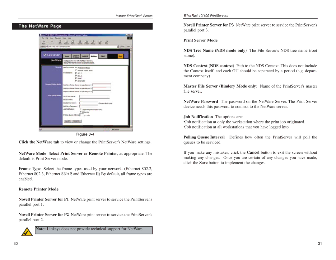 Linksys EPSX3, PPSX1 manual NetWare, Remote Printer Mode, Print Server Mode, Job Notification The options are 