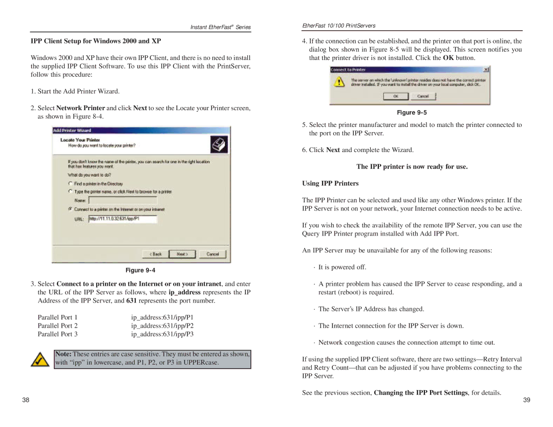 Linksys EPSX3, PPSX1 manual IPP Client Setup for Windows 2000 and XP, IPP printer is now ready for use Using IPP Printers 