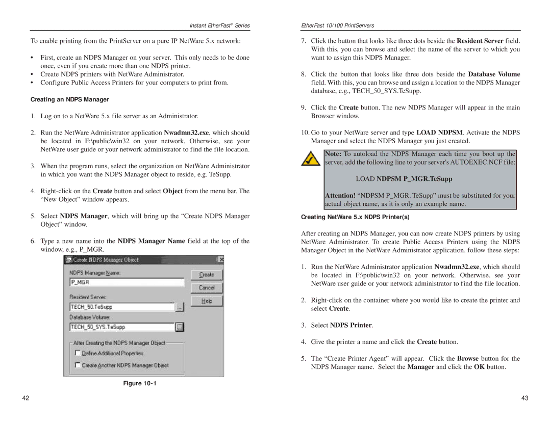 Linksys EPSX3 Creating an Ndps Manager, Load Ndpsm PMGR.TeSupp, Creating NetWare 5.x Ndps Printers, Select Ndps Printer 