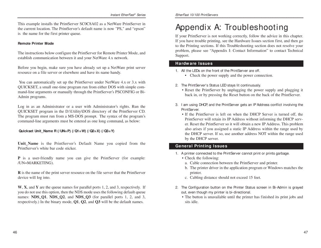 Linksys EPSX3, PPSX1 manual Appendix a Troubleshooting, Hardware Issues, General Printing Issues 