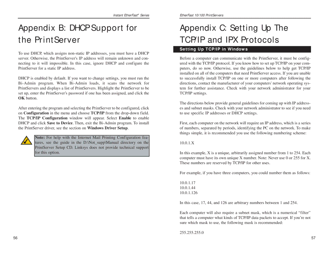 Linksys PPSX1, EPSX3 manual Appendix B Dhcp Support for the PrintServer, Setting Up TCP/IP in Windows 