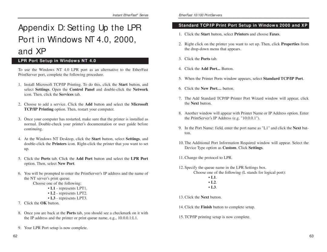 Linksys EPSX3, PPSX1 manual Appendix D Setting Up the LPR Port in Windows NT 4.0, LPR Port Setup in Windows NT 