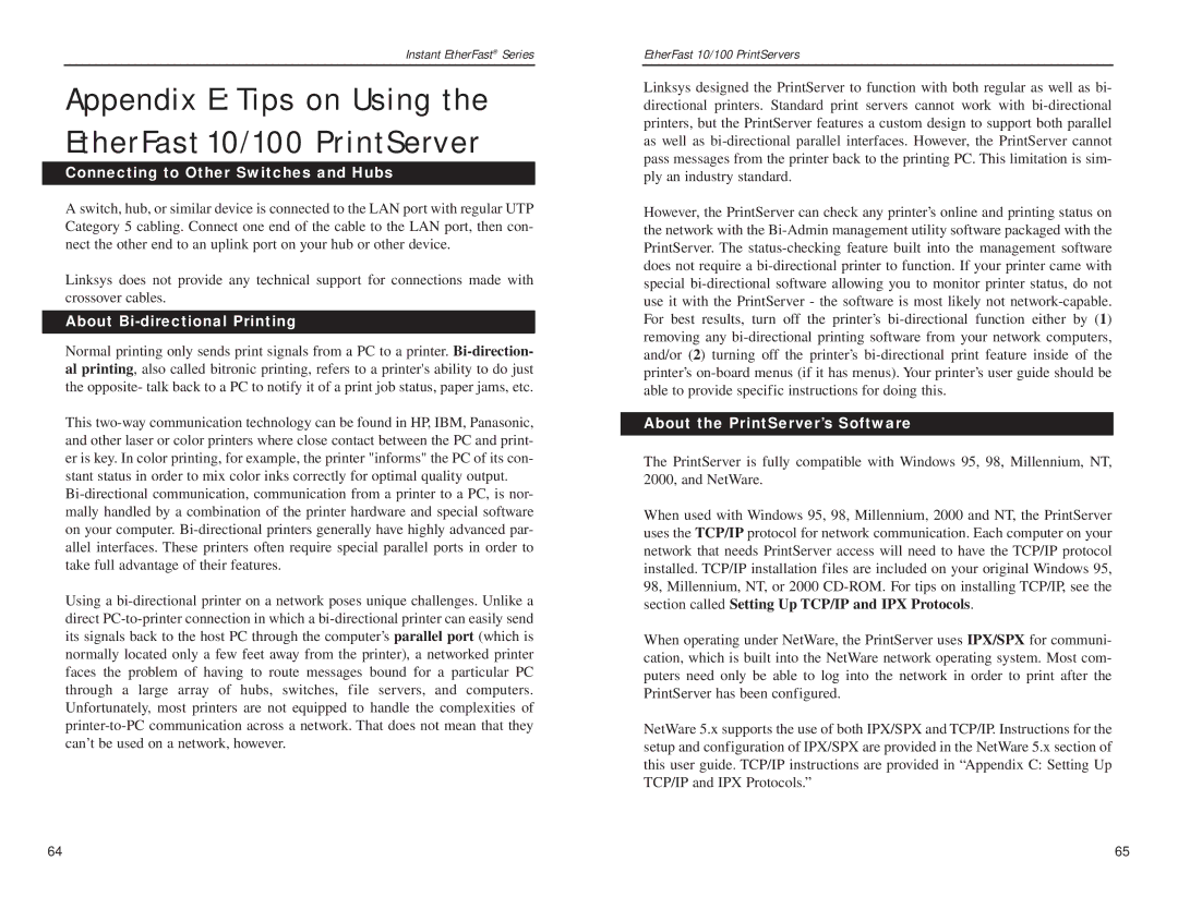 Linksys PPSX1 manual Connecting to Other Switches and Hubs, About Bi-directional Printing, About the PrintServer’s Software 