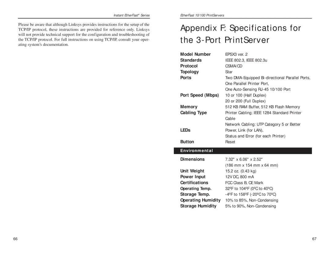 Linksys EPSX3, PPSX1 manual Appendix F Specifications for the 3-Port PrintServer, Environmental 