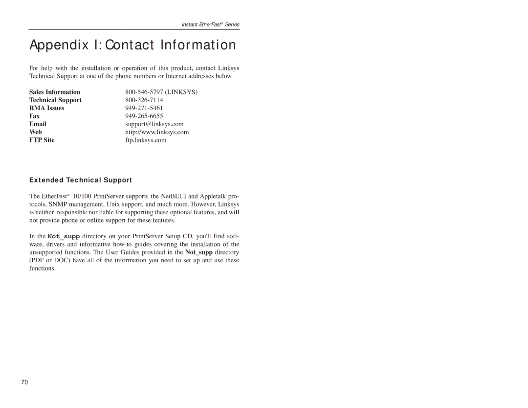 Linksys EPSX3, PPSX1 Appendix I Contact Information, Sales Information, Technical Support RMA Issues Fax, Web FTP Site 