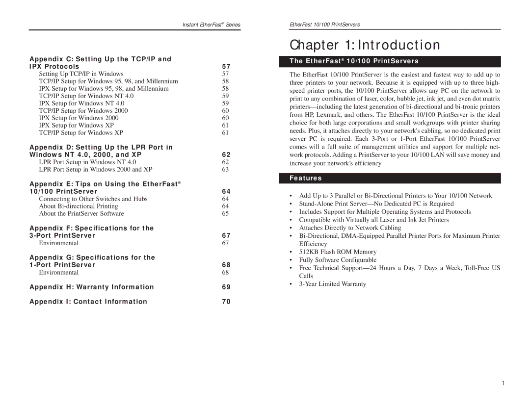 Linksys PPSX1, EPSX3 manual Introduction, EtherFast 10/100 PrintServers, Features 