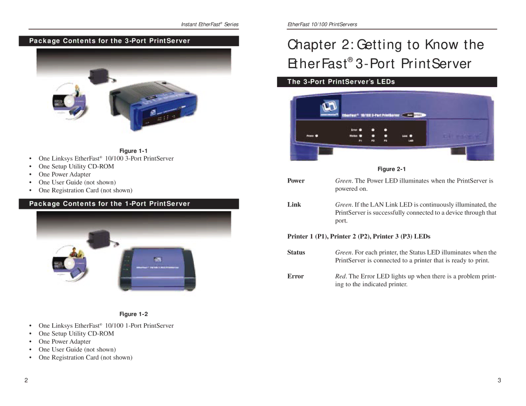 Linksys EPSX3, PPSX1 manual Package Contents for the 3-Port PrintServer, Package Contents for the 1-Port PrintServer 