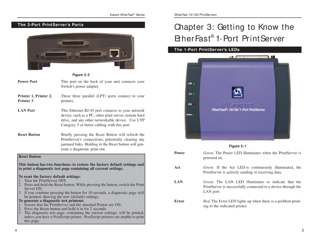 Linksys PPSX1, EPSX3 manual Port PrintServer’s Ports, Port PrintServer’s LEDs 
