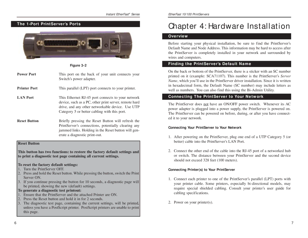 Linksys EPSX3, PPSX1 Hardware Installation, Port PrintServer’s Ports, Overview, Finding the PrintServer’s Default Name 