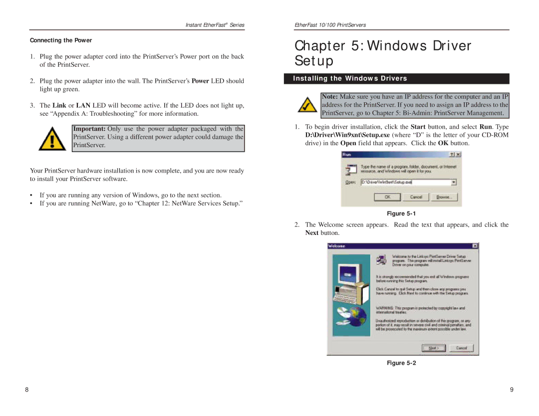 Linksys PPSX1, EPSX3 manual Windows Driver Setup, Connecting the Power, Installing the Windows Drivers 