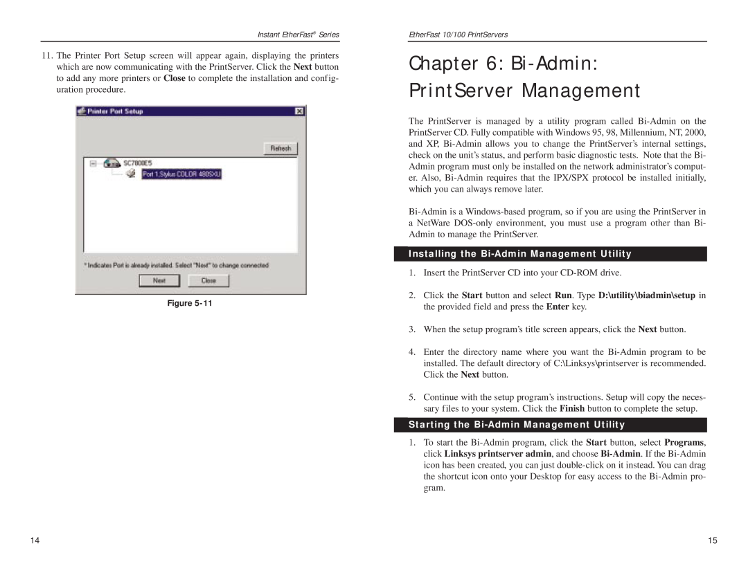 Linksys EPSX3, PPSX1 manual Bi-Admin PrintServer Management, Installing the Bi-Admin Management Utility 
