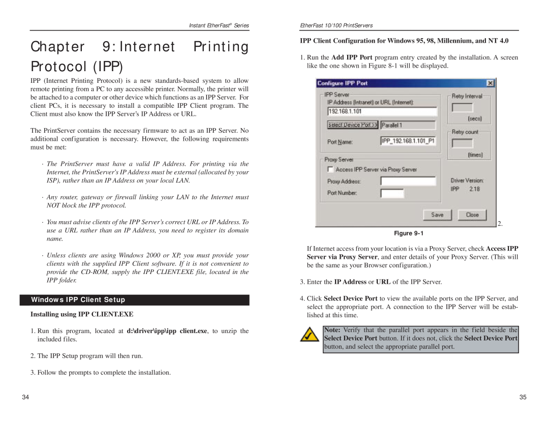 Linksys EPSX3, PPSX1 manual Internet Printing Protocol IPP, Windows IPP Client Setup, Installing using IPP CLIENT.EXE 