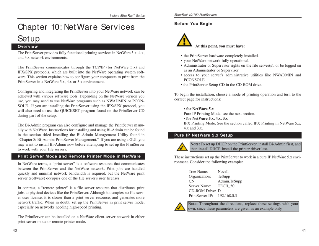 Linksys PPSX1, EPSX3 NetWare Services Setup, Overview, Print Server Mode and Remote Printer Mode in NetWare, for NetWare 