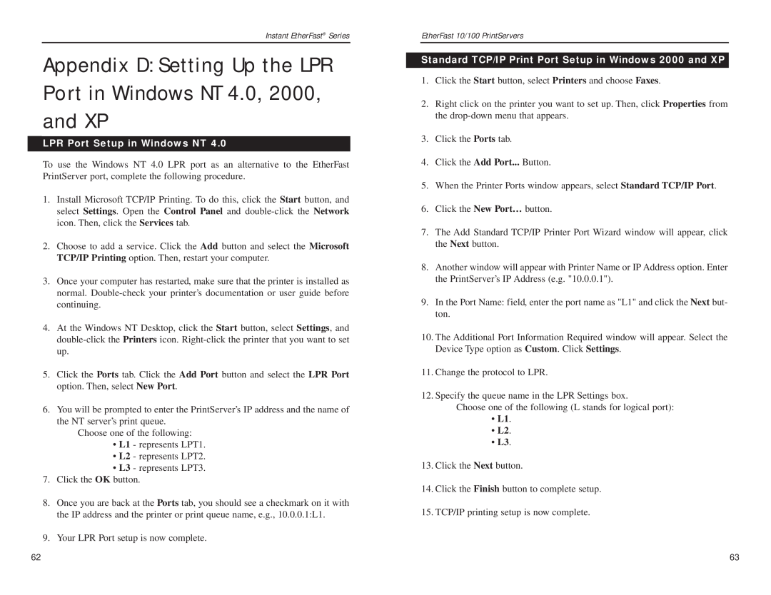 Linksys EPSX3, PPSX1 Appendix D Setting Up the LPR Port in Windows NT 4.0 and XP, LPR Port Setup in Windows NT, L1 L2 L3 