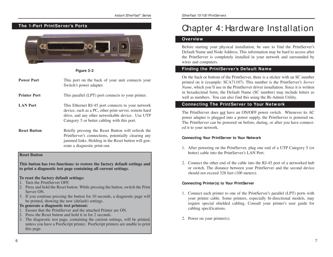 Linksys EPSX3 Hardware Installation, The 1-Port PrintServer’s Ports, Power Port, Printer Port, LAN Port, Reset Button 