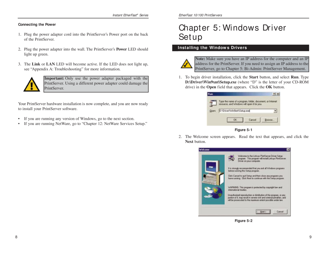 Linksys PPSX1, EPSX3 manual Windows Driver Setup, Installing the Windows Drivers 