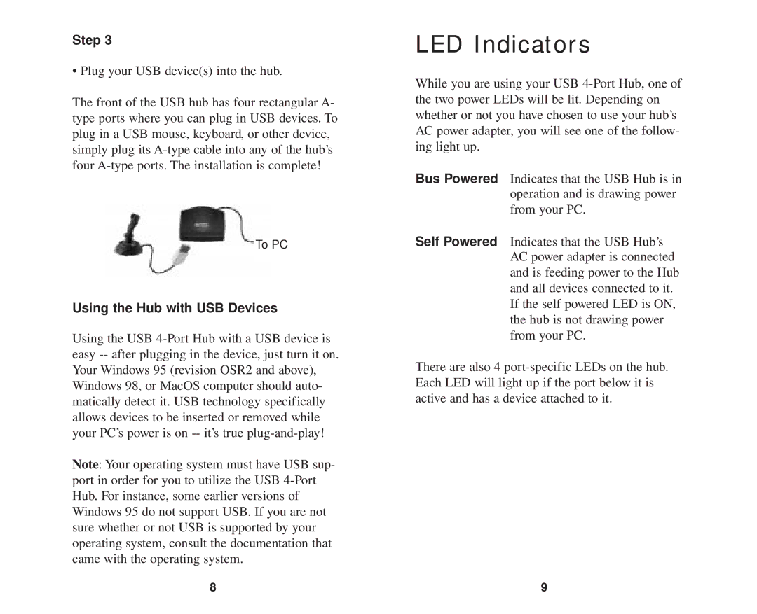 Linksys ProConnect Series warranty LED Indicators, Using the Hub with USB Devices 