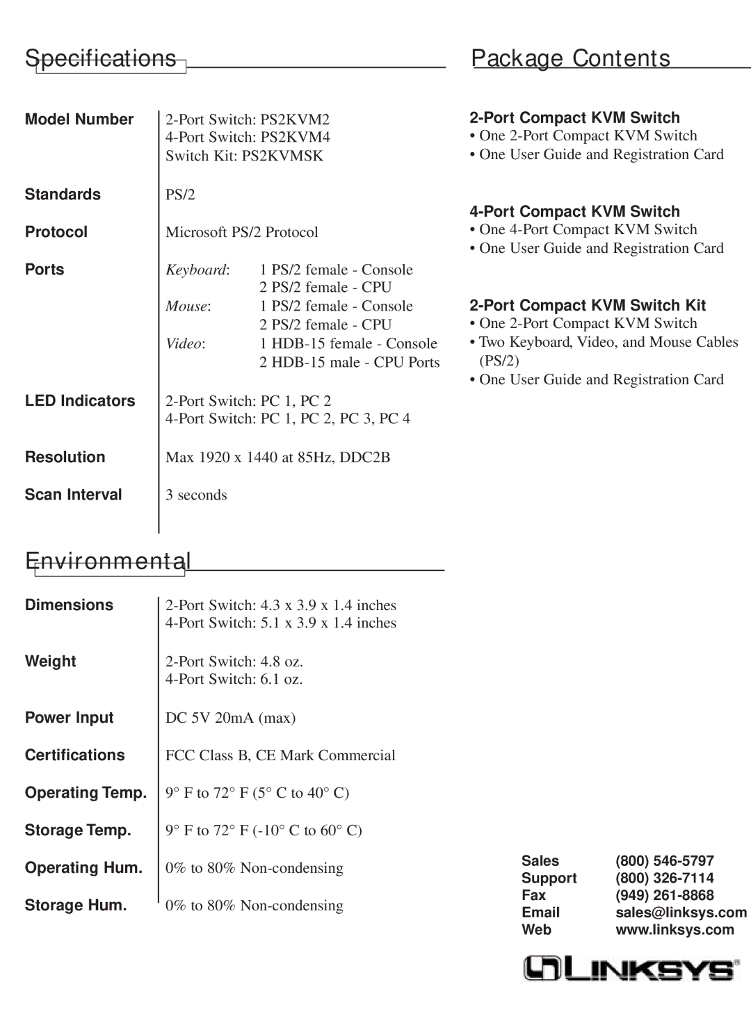 Linksys PS2KVM2 warranty Specifications Package Contents, Environmental 