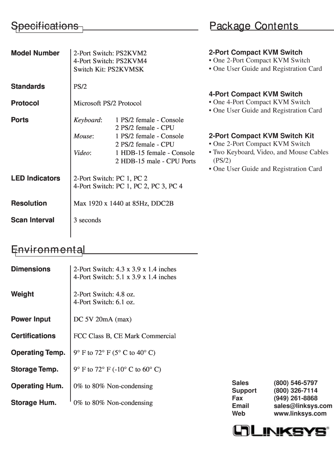 Linksys PS2KVM2 warranty Specifications, Package Contents, Environmental, Keyboard, Mouse, Video 