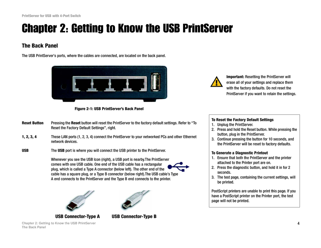 Linksys PSUS4 manual Getting to Know the USB PrintServer, Back Panel, USB Connector-Type a 