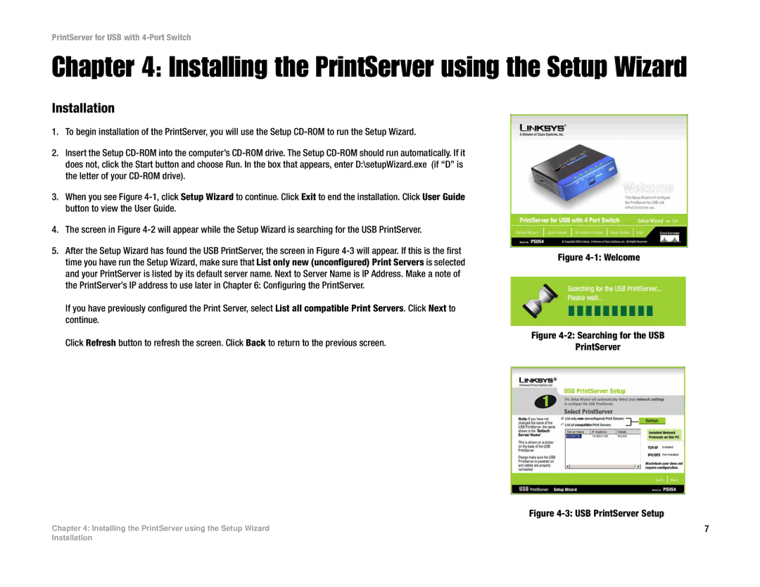 Linksys PSUS4 manual Installing the PrintServer using the Setup Wizard, Installation 