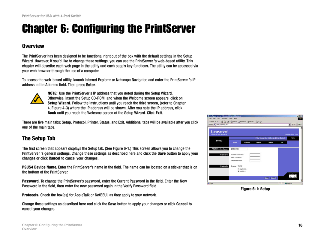 Linksys PSUS4 manual Configuring the PrintServer, Setup Tab 