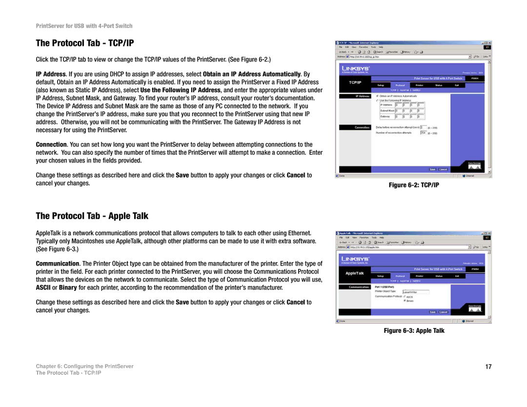 Linksys PSUS4 manual Protocol Tab TCP/IP, Protocol Tab Apple Talk 