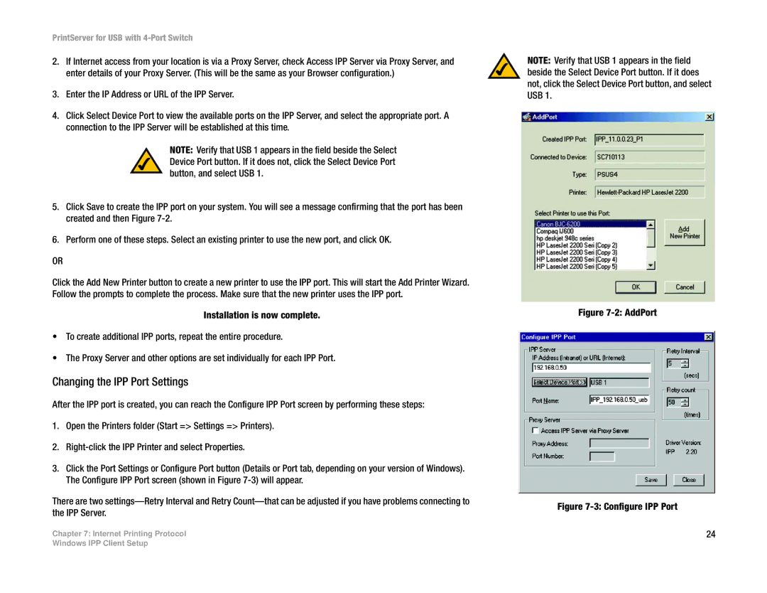 Linksys PSUS4 manual Changing the IPP Port Settings, AddPort 