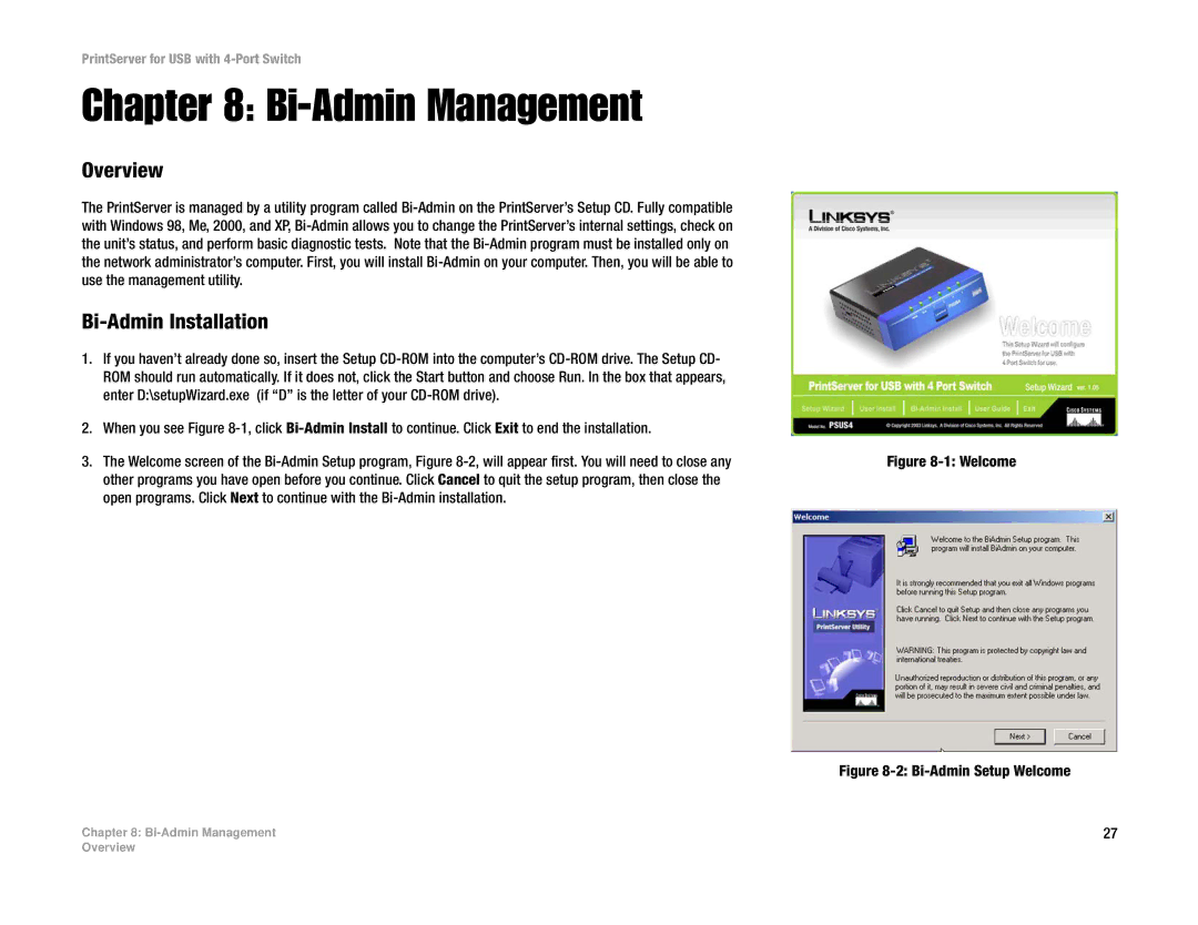 Linksys PSUS4 manual Bi-Admin Management, Bi-Admin Installation 