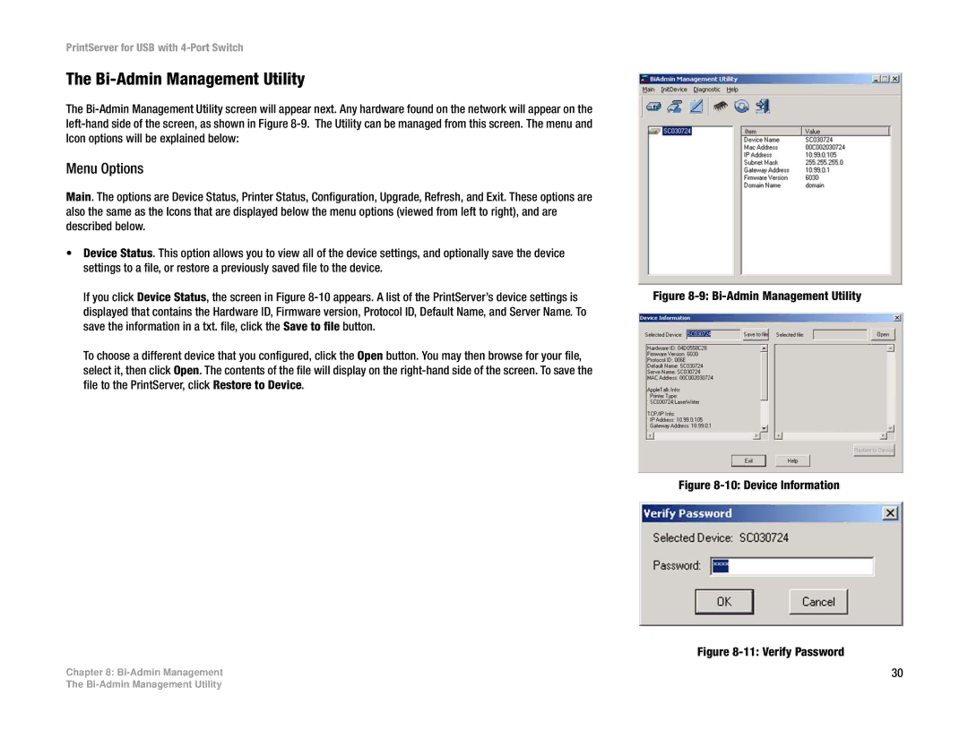 Linksys PSUS4 manual Bi-Admin Management Utility, Menu Options 