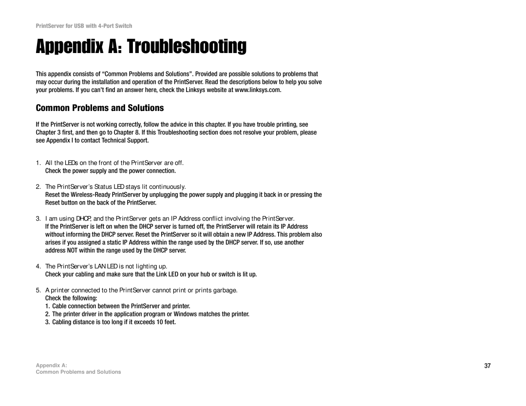 Linksys PSUS4 manual Appendix a Troubleshooting, Common Problems and Solutions 