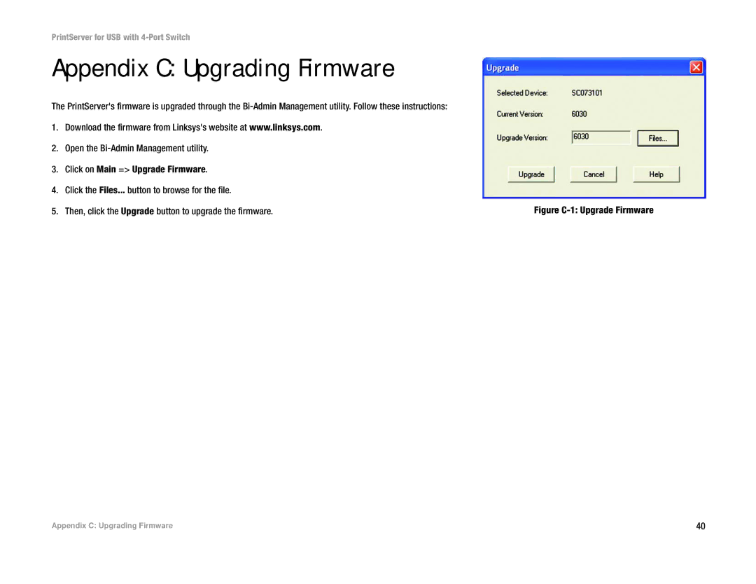 Linksys PSUS4 manual Appendix C Upgrading Firmware, Figure C-1 Upgrade Firmware 