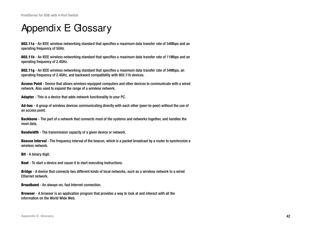 Linksys PSUS4 manual Appendix E Glossary 